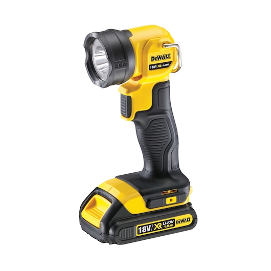 Cordless LED work light from DEWALT, model DCL040, featuring an ergonomic black and yellow design and an 18V XR Li-Ion battery.