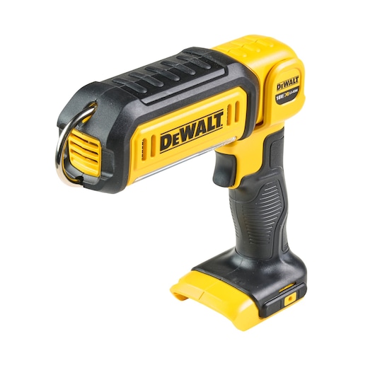 A DEWALT portable work light in yellow and black color, designed to be hand-held, with an ergonomic grip and a metal hook for hanging. The model number DCL050 is associated with the product.