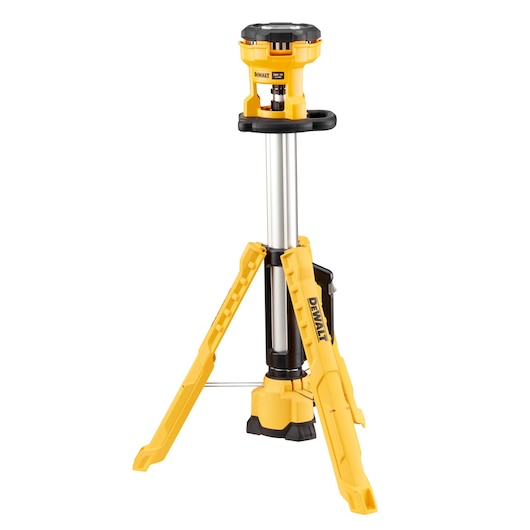 A DEWALT DCL079 portable LED tripod work light with adjustable height, yellow and black color, shown extended on its three legs.