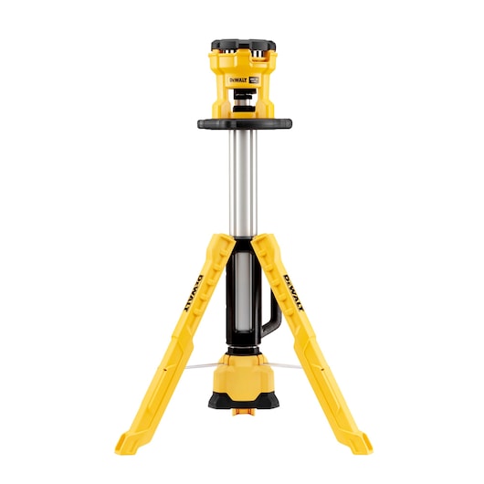 A yellow DEWALT cordless tripod work light with adjustable height and sturdy legs, shown standing on a white background.