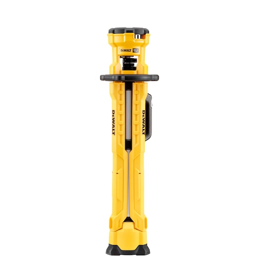 A yellow DEWALT portable work light in a folded, upright position, designed for jobsite illumination, featuring a sturdy body and integrated handle.