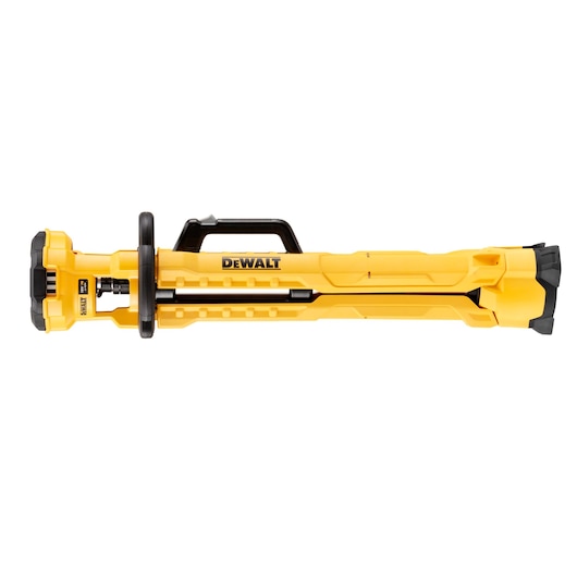 Folded yellow DEWALT portable work light with a handle, shown from the side against a white background.