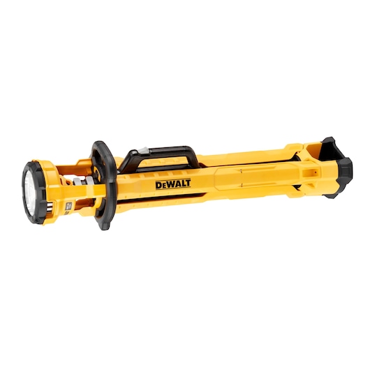 A folded yellow DEWALT portable work light with black and silver accents, shown in a horizontal position against a white background.