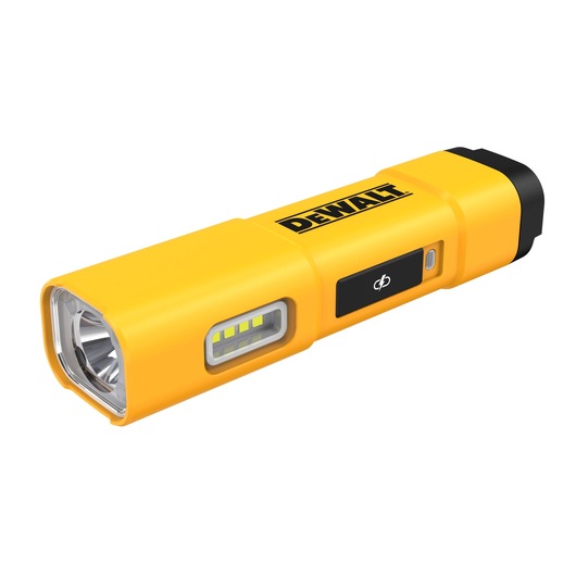 A yellow DEWALT DCL183 rechargeable LED flashlight with a rectangular body, side LED panel, and power button.