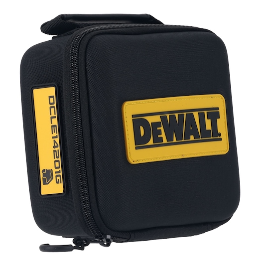 A black DEWALT-branded hard case with a yellow logo and product code DCLE14201G printed on the side. The case features a zipper closure and a handle on the top.