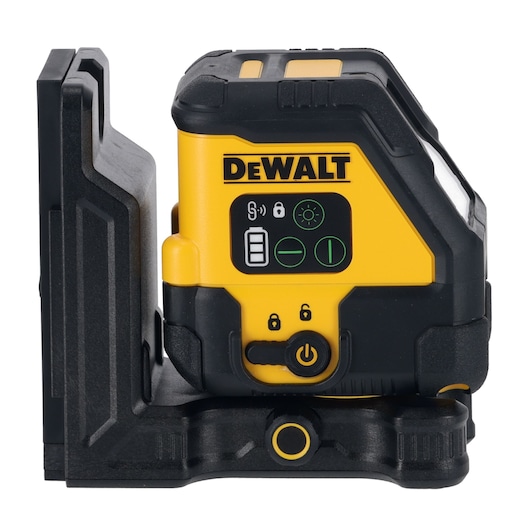 A DEWALT branded digital laser level tool with a yellow and black body, mounted on a black base. The front panel has several indicator icons and a power button.