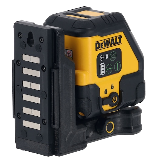A DEWALT DCLE14201GB yellow and black self-leveling laser level device with mounting bracket, designed for construction or photographic alignment tasks.