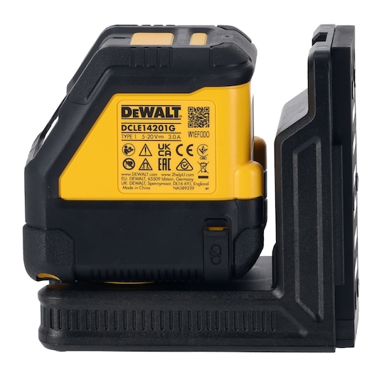 Side view of a DEWALT DCLE14201GB photography tool, showing yellow and black casing, product label with technical specifications and various certification marks, mounted on a black support base.