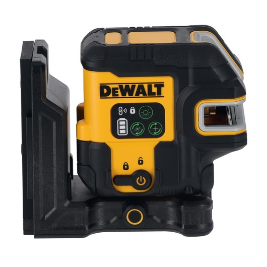 A DEWALT branded green laser level tool placed on a black mounting base. The device features control buttons, indicator lights, and a battery level display on the front.