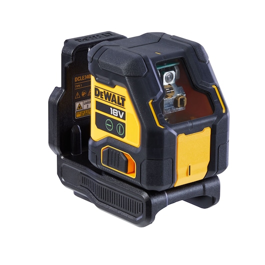 DEWALT 18V laser level device in black and yellow, compact design, for precise measuring and alignment tasks.