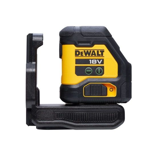 DEWALT 18V laser level device shown in side view, with black and yellow casing and mounting bracket.