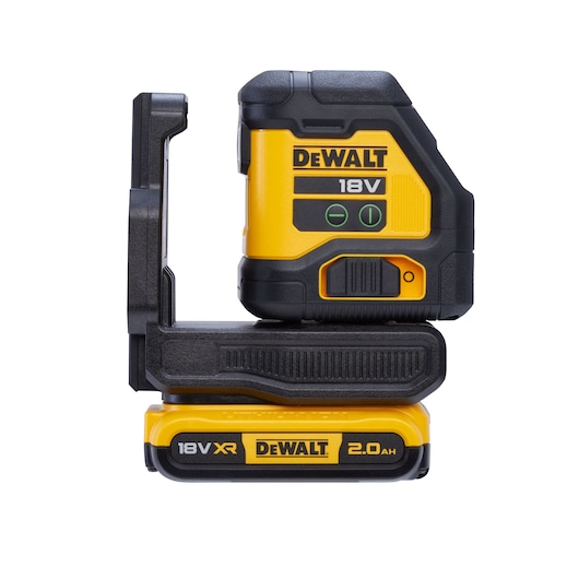 DEWALT 18V yellow and black laser level device with rechargeable 2.0Ah battery, shown in side view.