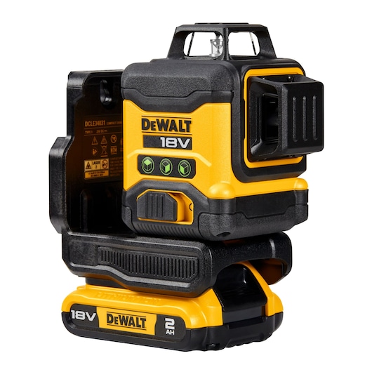 A DEWALT 18V compact laser level, model DCLE34031D1, shown in a close-up image. The device features a yellow and black body with control buttons and battery pack visible.
