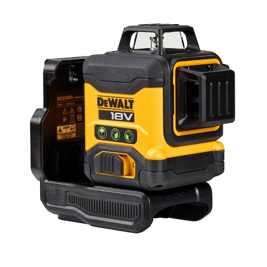 DEWALT 18V compact green laser level with black and yellow housing, featuring control buttons and a mounting bracket attached.