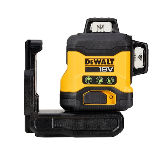 A DEWALT 18V yellow and black laser level tool, shown from the side. The tool features three green light indicators and control buttons on the front, with mounting hardware attached at the base.