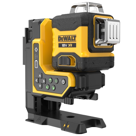 A DEWALT 18V XR yellow and black laser level device, featuring control buttons and a sturdy base designed for professional alignment and measurement tasks.