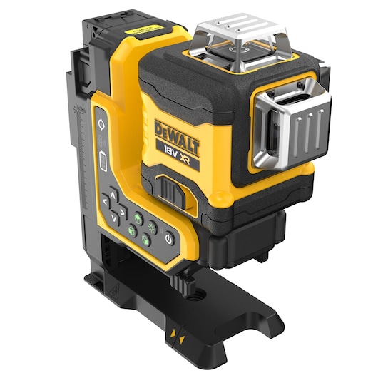 A DEWALT 18V XR laser level tool with a rugged yellow and black design, control buttons, and a mounting base.