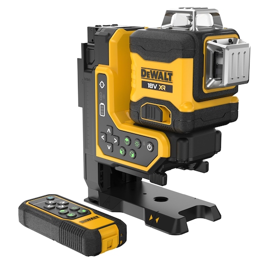 DEWALT 18V XR laser level device with remote control, featuring a yellow and black design and multiple buttons on the control panel.
