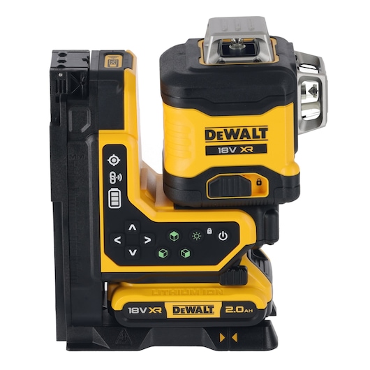 A DEWALT 18V XR yellow and black laser level device with control buttons and a lithium-ion 2.0 Ah battery, standing upright on a flat surface.