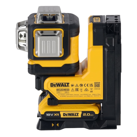 A DEWALT DCLE34035D1 18V XR lithium-ion laser level in yellow and black, featuring a sturdy base and labeled with product information.