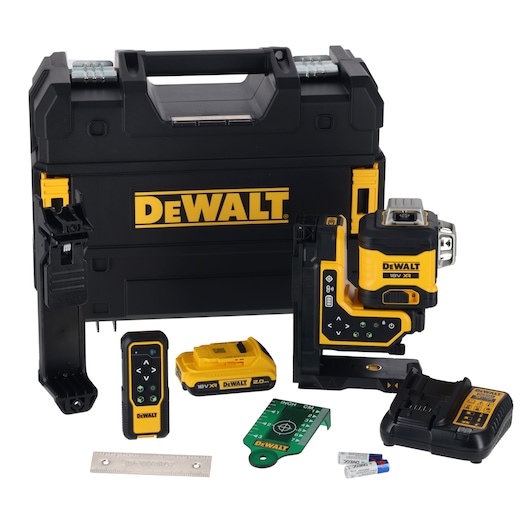 A DEWALT branded photography product kit, including a black and yellow electronic device, remote control, battery, charger, ruler, green target card, and carrying case, displayed against a white background.