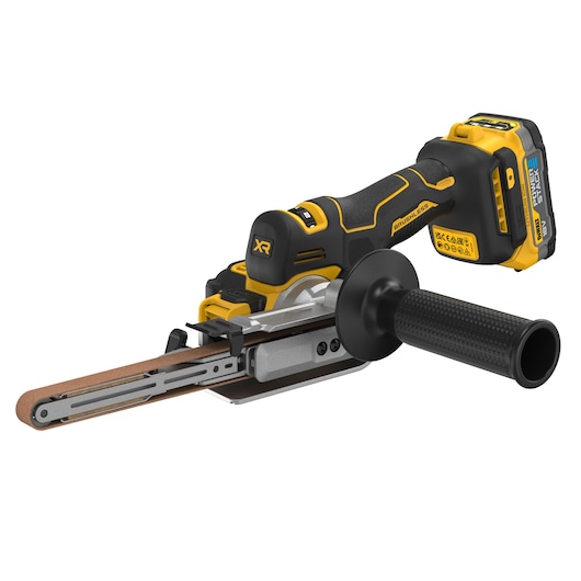 A DEWALT cordless brushless power tool, specifically a belt file sander, featuring a black and yellow design with a detachable handle and a sanding belt, suitable for woodworking or metalworking.