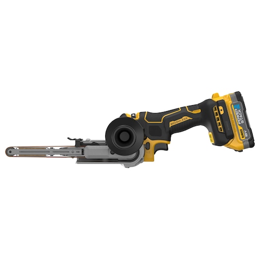 DEWALT DCM200E2T cordless brushless power tool with POWERSTACK 18V battery, featuring a slim belt sander design and ergonomic handle for precision sanding tasks.