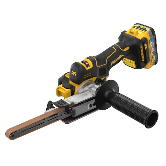 DEWALT cordless power tool, specifically a belt sander, with a yellow and black design, featuring an ergonomic handle and a battery attached at the back.