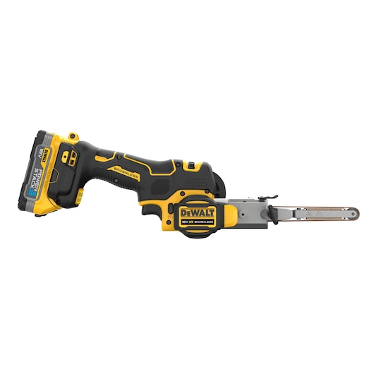 A DEWALT DCM200E2T cordless brushless electric file with a yellow and black design, featuring a battery pack on the handle.