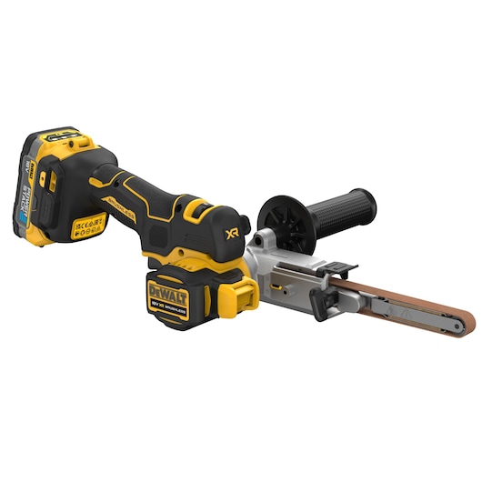 A DEWALT cordless battery-powered belt file tool with a black and yellow ergonomic handle, side auxiliary handle, and sanding belt, shown against a plain white background.