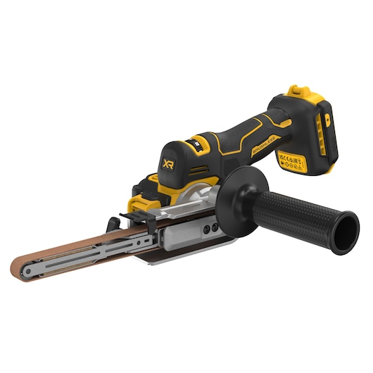 Cordless electric belt file with a black and yellow design, featuring a handle and a brushless motor, manufactured by DEWALT.