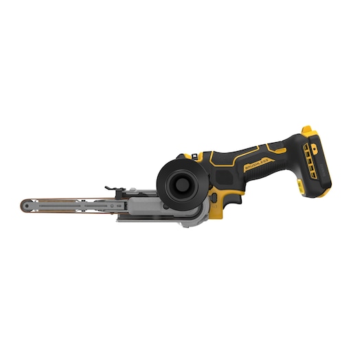 Cordless handheld belt file tool with a black and yellow design, featuring a brushless motor. The tool is shown in a side profile.