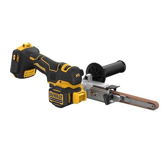 A DEWALT DCM200NT cordless brushless belt file, featuring a yellow and black design with ergonomic handle, battery pack, and adjustable side handle.