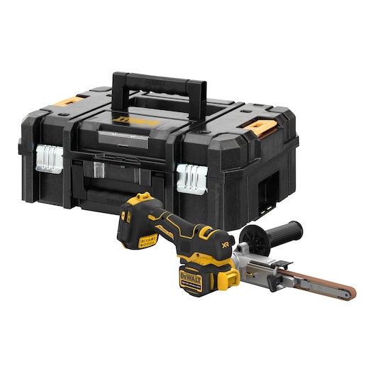 A DEWALT cordless belt file sander with a battery attached, shown alongside a sturdy black toolbox with yellow accents.