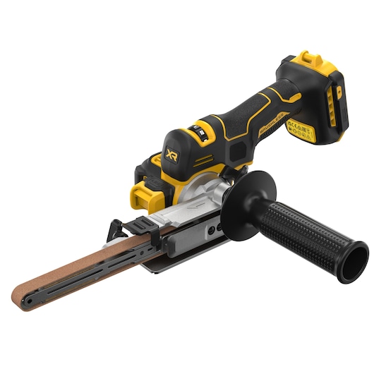 A DEWALT cordless belt sander with a yellow and black design, featuring a handle and a sanding belt attachment. The tool is shown isolated on a white background.