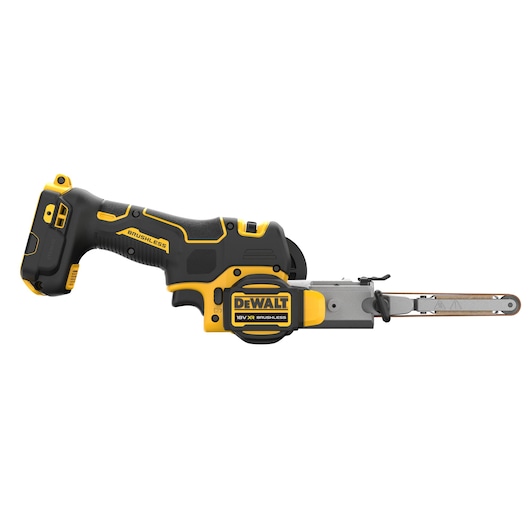 DEWALT DCM200N 18V XR brushless cordless belt file, shown from the side on a white background. The tool features a black and yellow ergonomic handle and a narrow sanding belt attachment.
