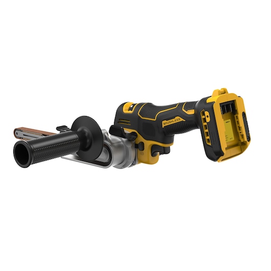 A DEWALT DCM200N cordless brushless power tool featuring a side handle and a belt sander attachment. The tool is black and yellow, with a battery slot on the rear end and ergonomic grip for user comfort.