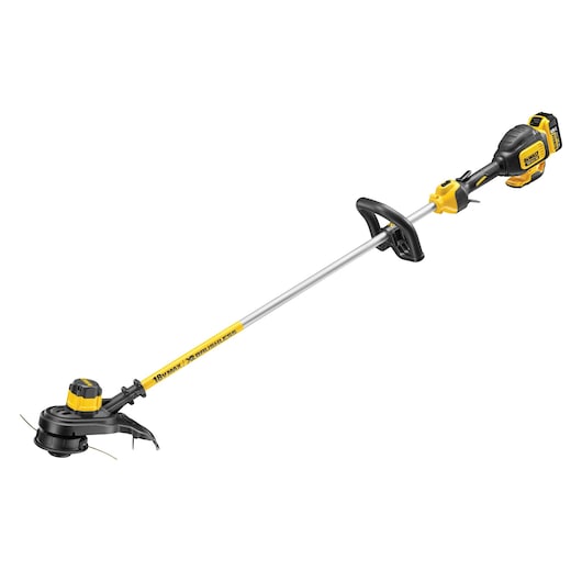 A DEWALT cordless string trimmer with a yellow and black design, featuring an ergonomic handle and battery pack attached. The tool is designed for lawn and garden maintenance.