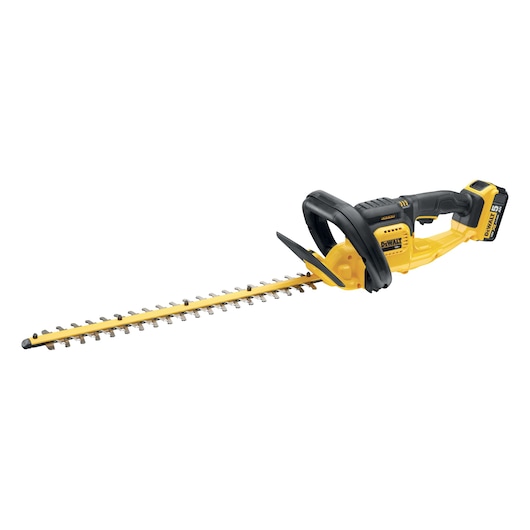 A yellow and black cordless hedge trimmer from DEWALT, model DCM563P1, with a long cutting blade and ergonomic handle.