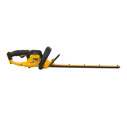A DEWALT cordless hedge trimmer, model DCM563PB, with a black and yellow body and a long blade. The tool is designed for trimming hedges and bushes.