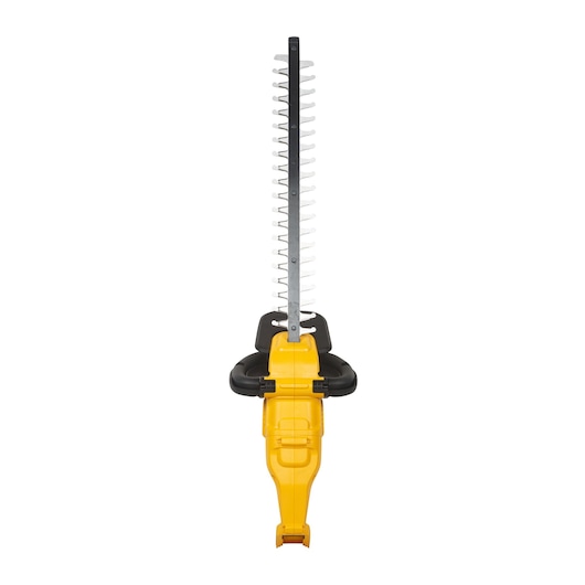 A yellow and black cordless hedge trimmer viewed from above, showing its long dual-action blade and ergonomic handle.