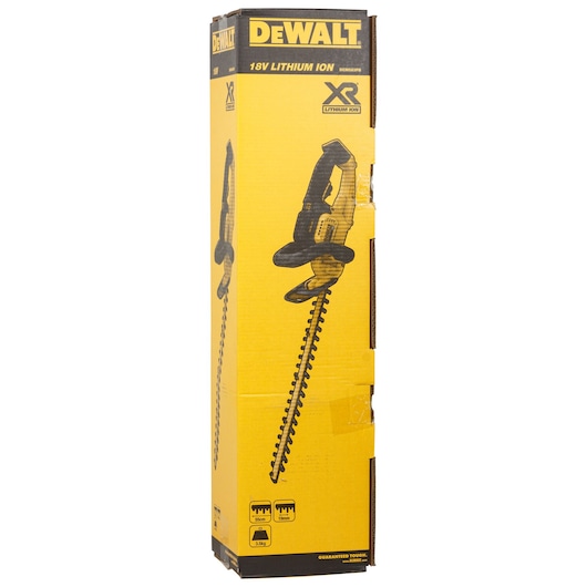 Box packaging for a DEWALT DCM563PB 18V Lithium Ion hedge trimmer, showing the product image and specifications in yellow and black colors.