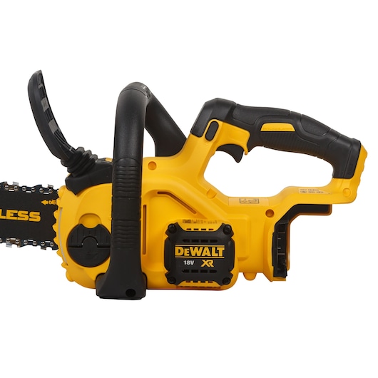 Side view of a DEWALT DCM565N 18V XR cordless chainsaw, featuring a yellow and black body, ergonomic handles, and visible chain.