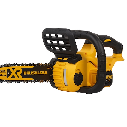 Close-up of a yellow and black DEWALT XR brushless cordless chainsaw with a 12-inch (30 cm) bar, showing the handle and chain.