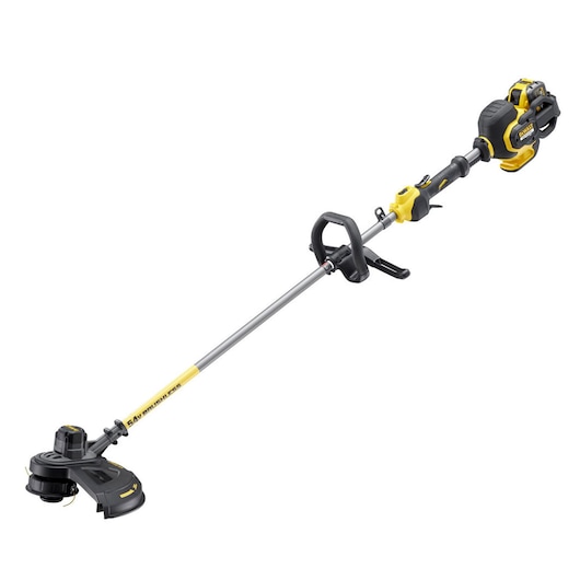 A DEWALT cordless string trimmer with a yellow and black design, featuring a long handle, adjustable grip, and cutting head for trimming grass and edges.