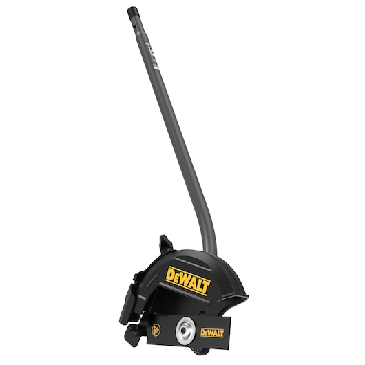 A DEWALT lawn edger attachment with a black and yellow DEWALT logo, featuring a long handle and a protective guard around the cutting blade.