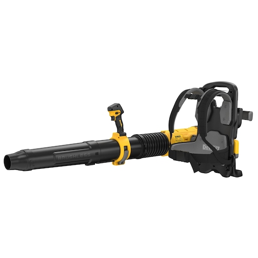 A DEWALT brushless cordless backpack blower with black and yellow color scheme, featuring shoulder straps and a long nozzle for outdoor cleaning tasks.