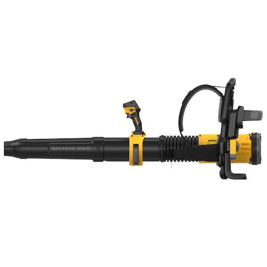 Side view of a DEWALT cordless brushless leaf blower with a yellow and black design, shown with handle, nozzle, and shoulder strap.