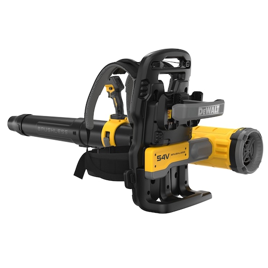 DEWALT 54V cordless brushless backpack leaf blower with a black and yellow design, featuring padded shoulder straps, a large tube, and ergonomic grips.