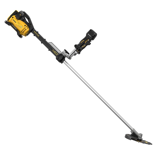 A DEWALT cordless brushcutter with a yellow and black motor housing, silver shaft, and a cutting attachment at the end, designed for garden and landscape maintenance.